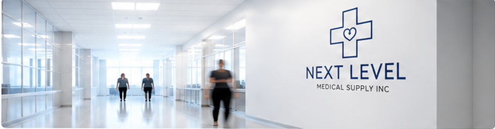 Modern medical office hallway with Next Level Medical Supply branding